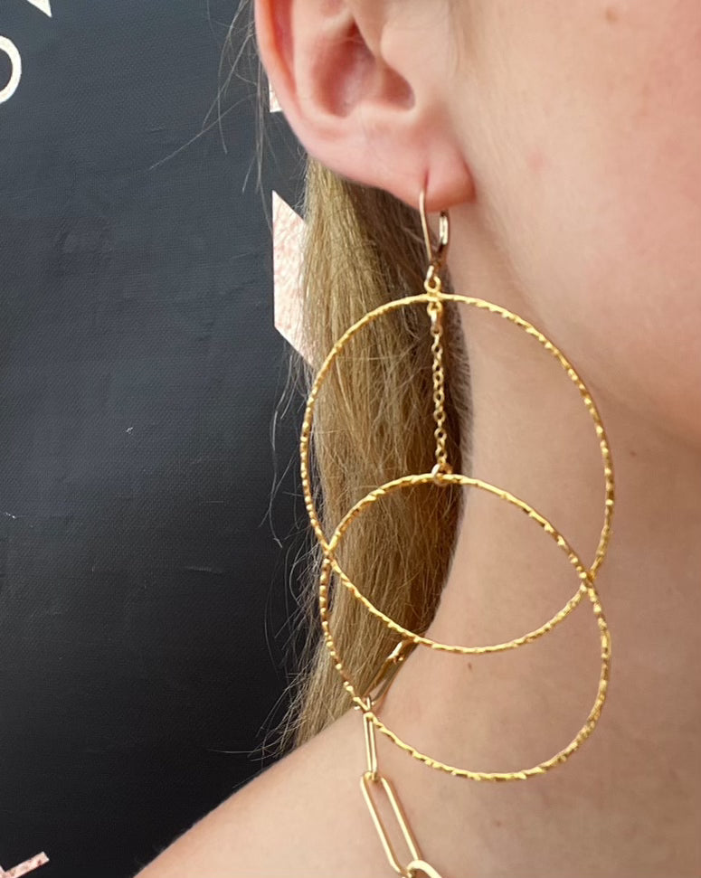 Hammered double hoop dangle earrings