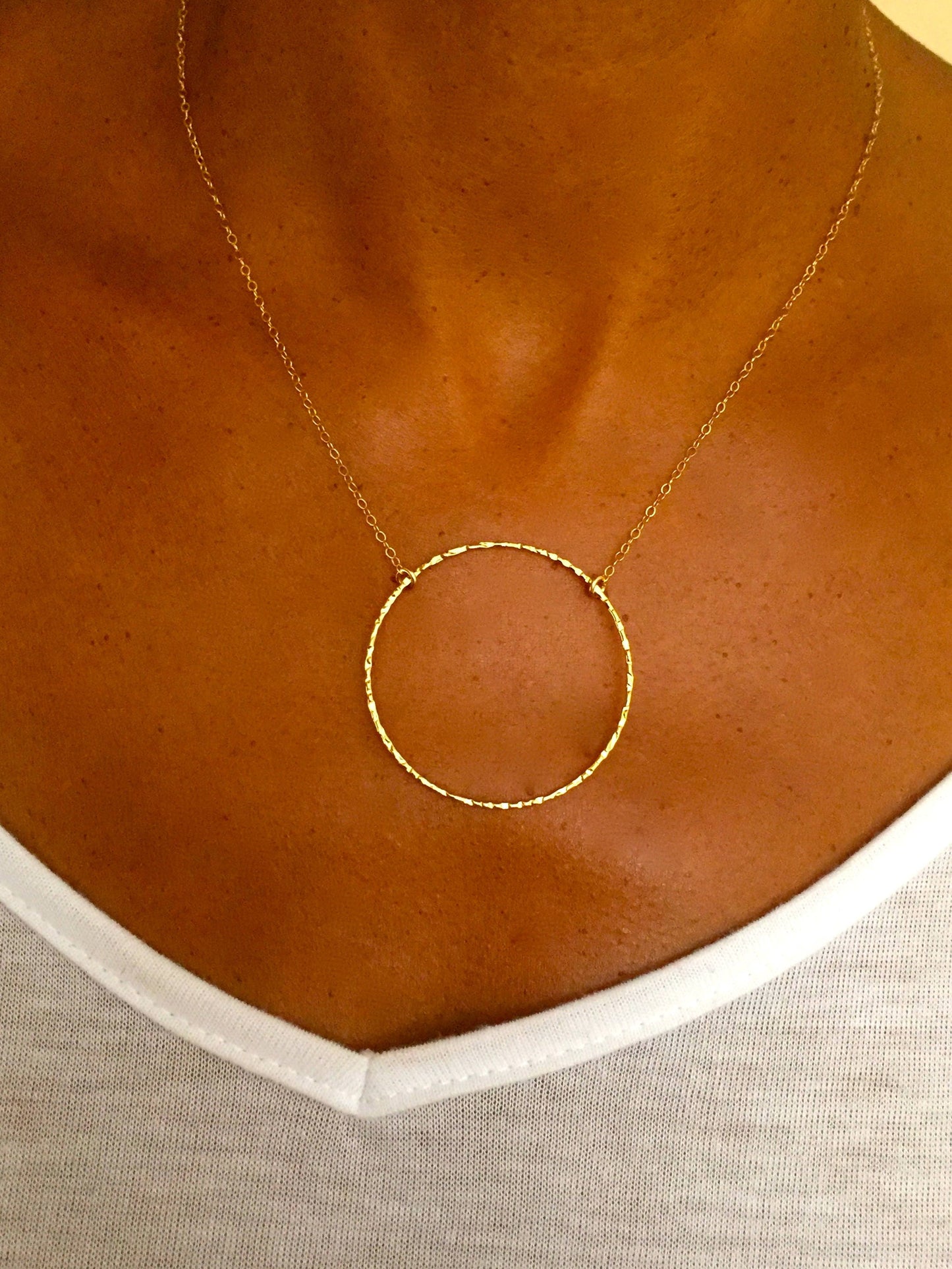 Large hammered circle pendant necklace