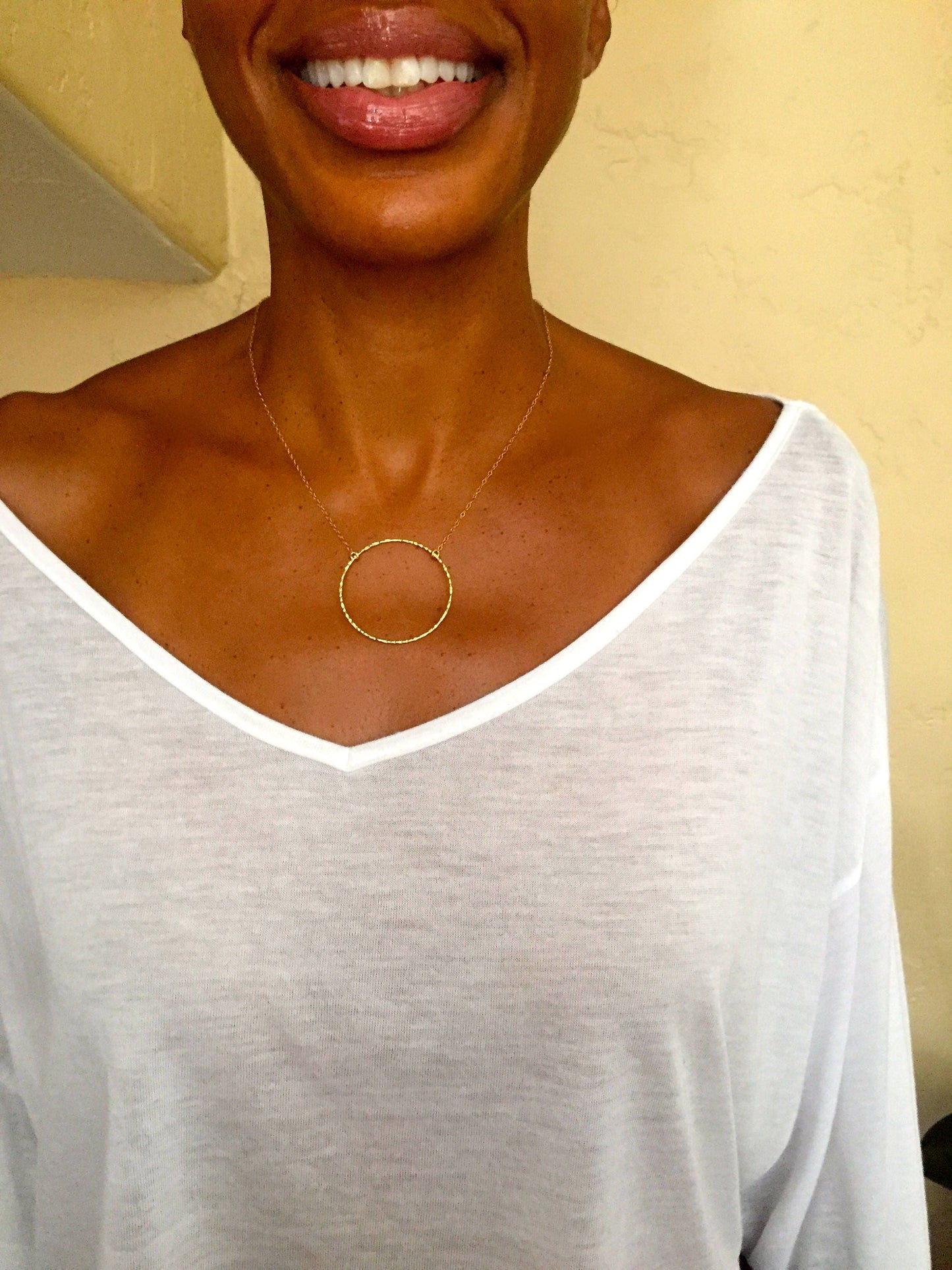 Large hammered circle pendant necklace