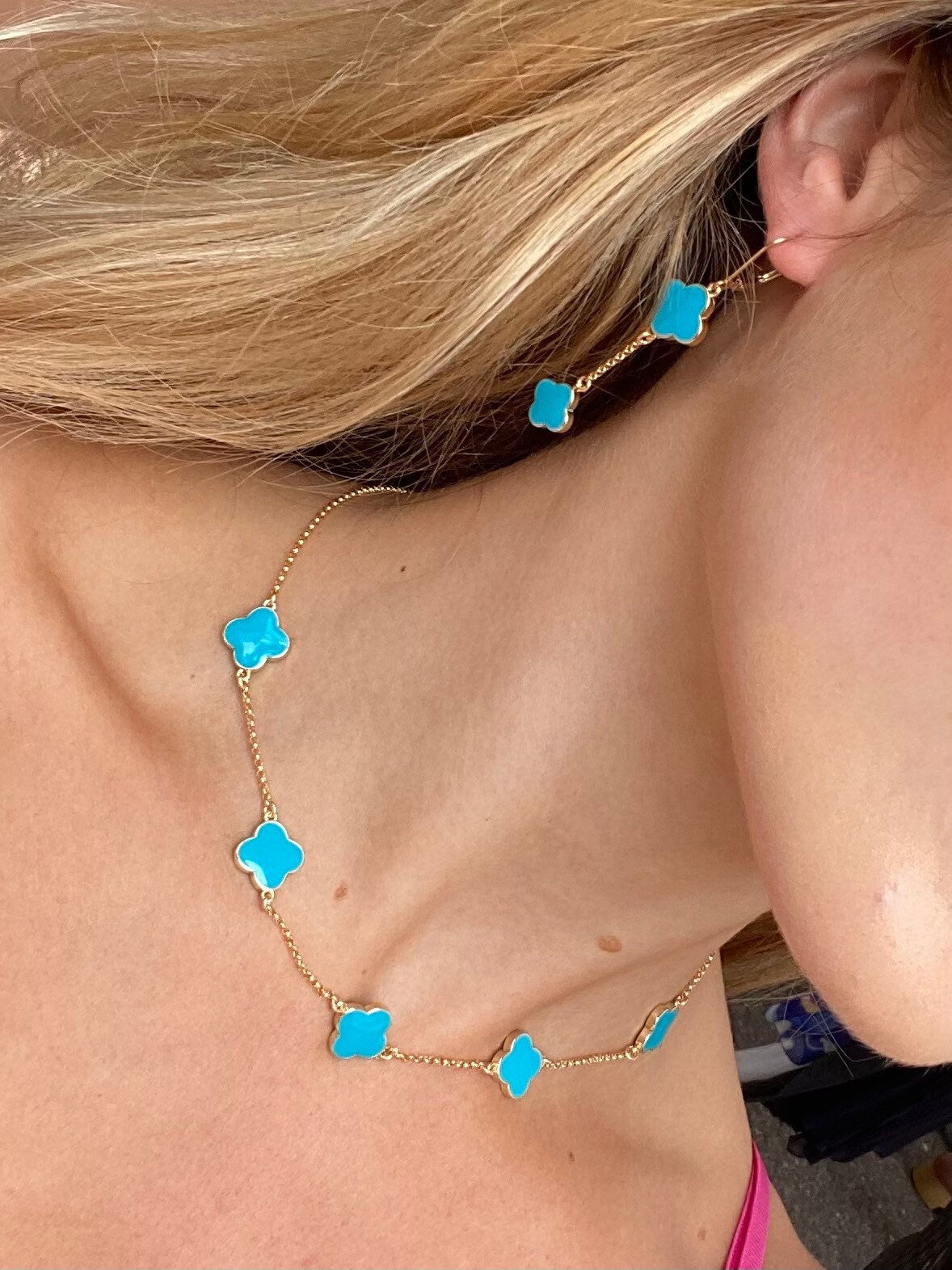 5 Clover necklace, Turquoise clover necklace, Gold filled