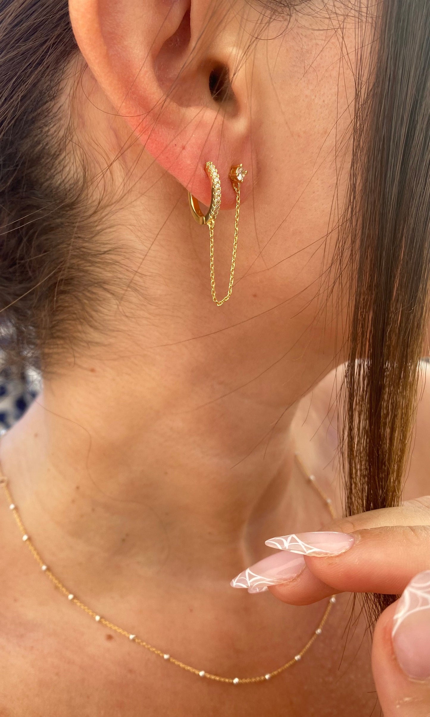 Small pave cz hoop and cz stud earrings with chain