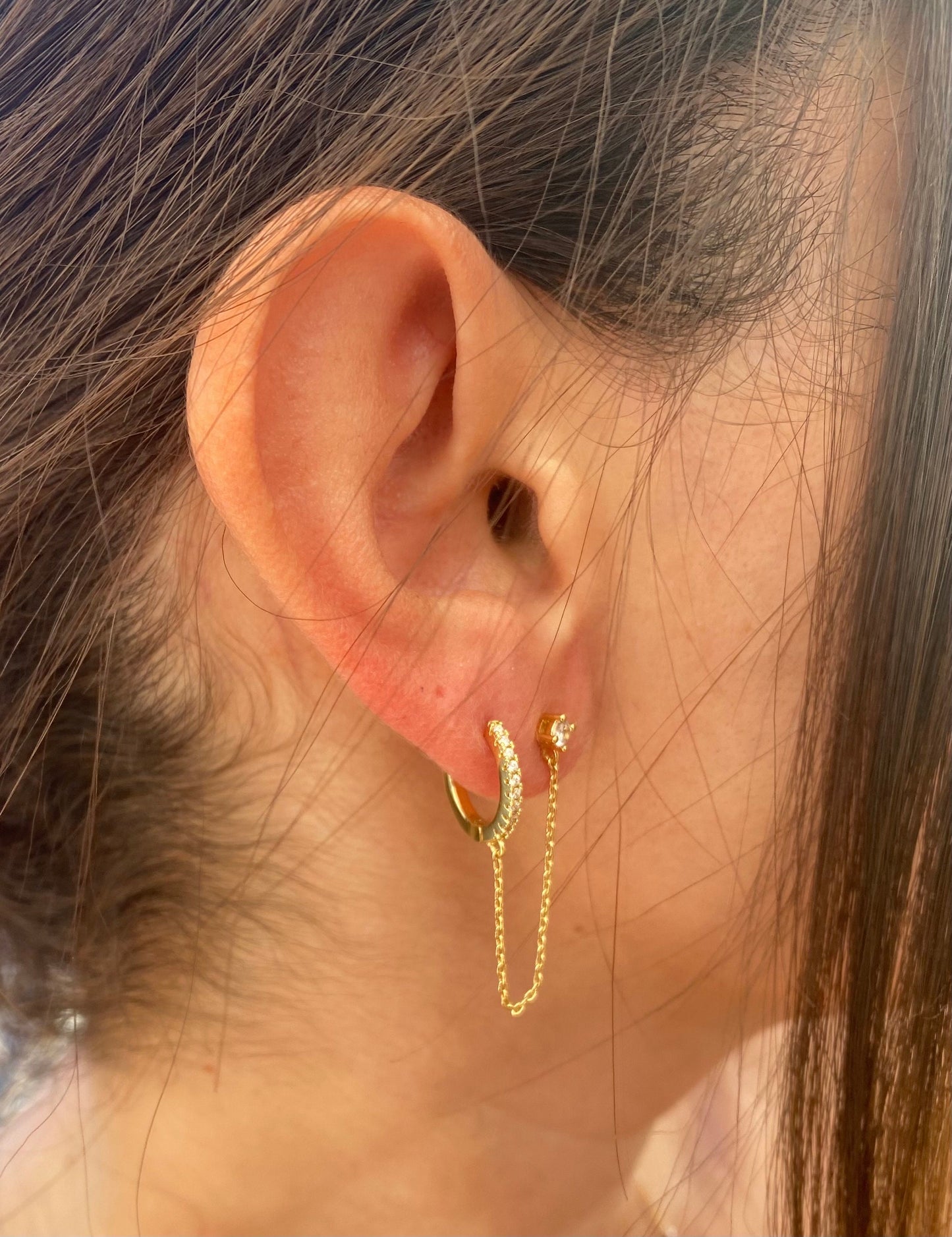 Small pave cz hoop and cz stud earrings with chain