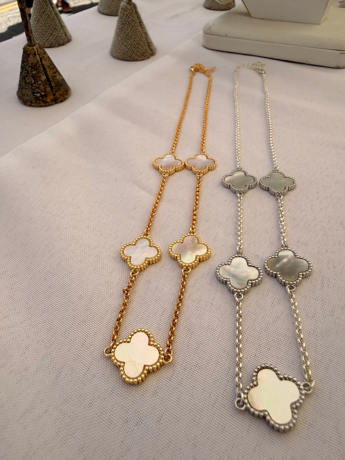 Mother of pearl clover connector necklace