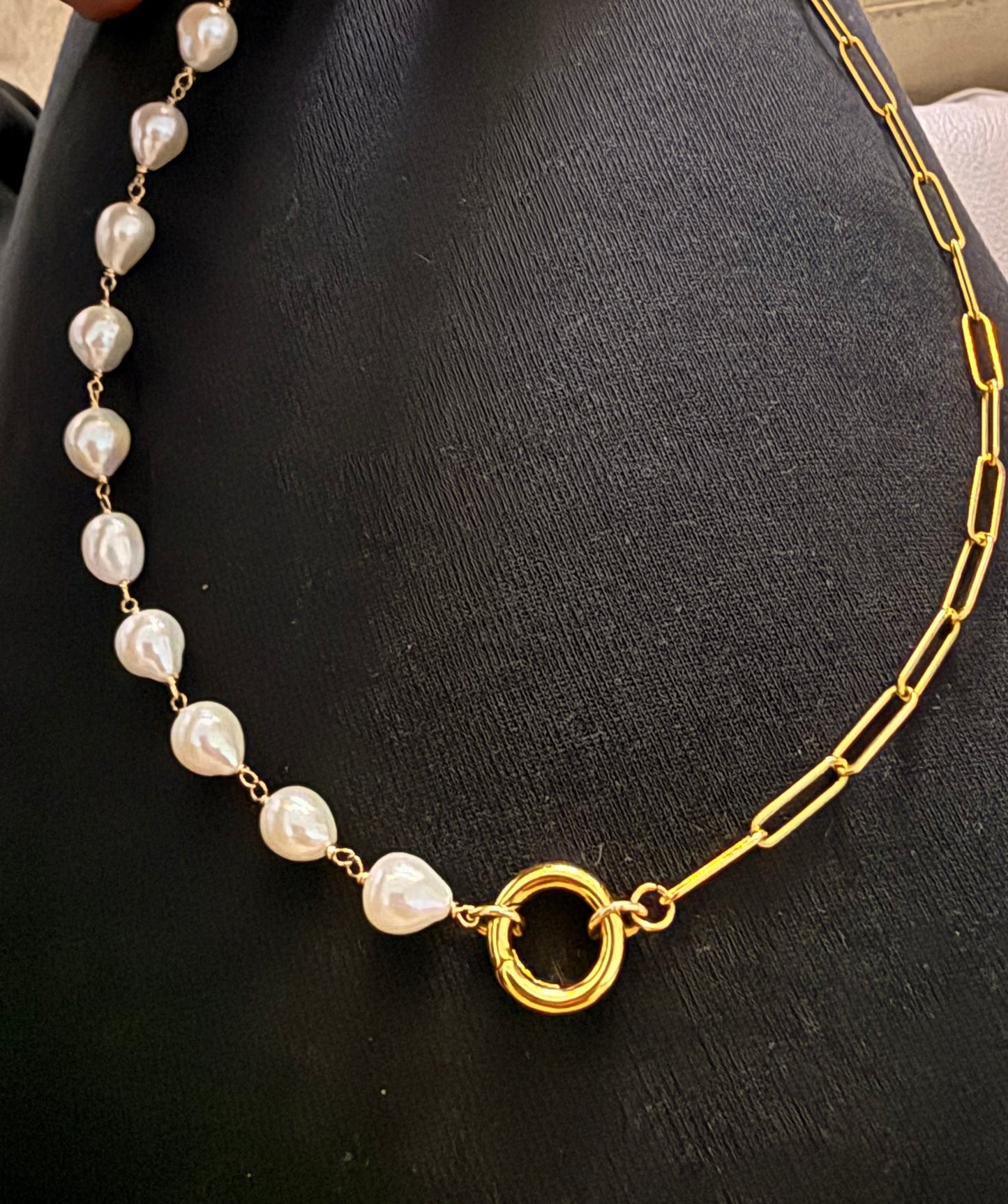 Baroque pearl and paper clip chain charm holder necklace