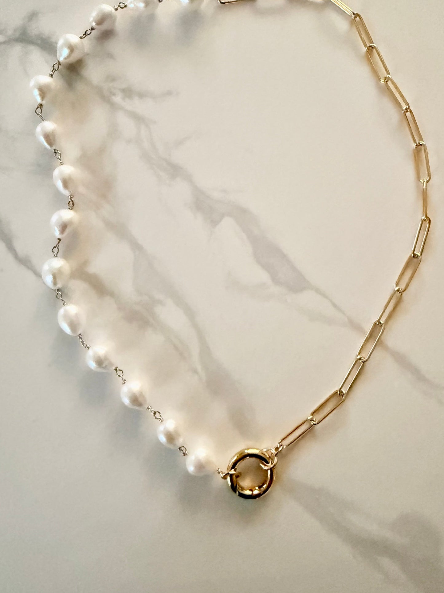 Baroque pearl and paper clip chain charm holder necklace