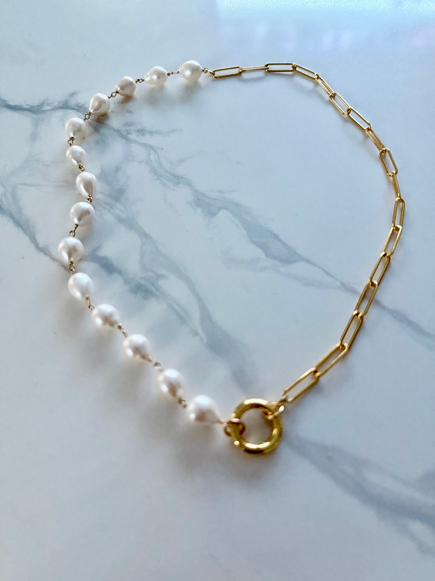 Baroque pearl and paper clip chain charm holder necklace