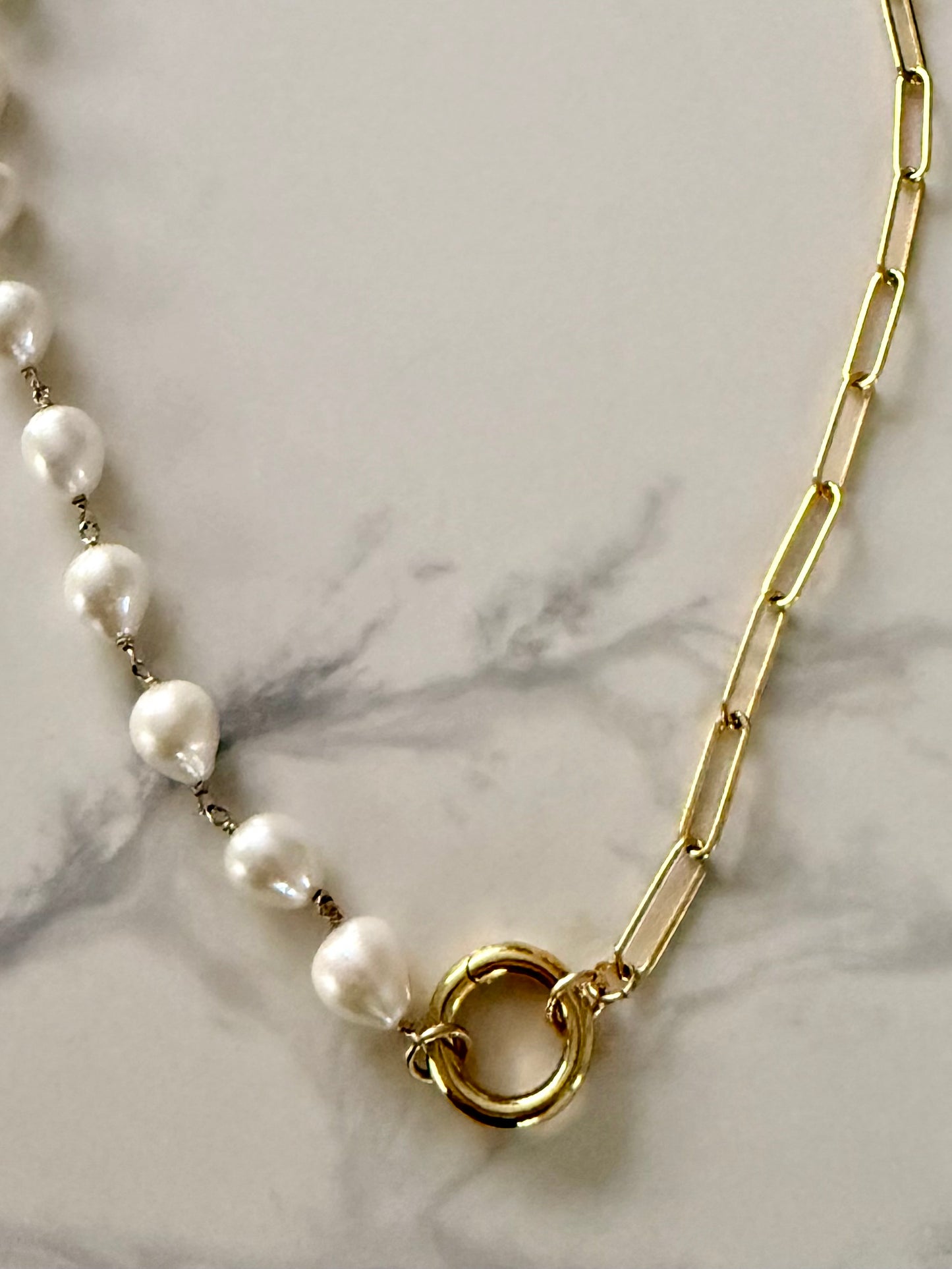 Baroque pearl and paper clip chain charm holder necklace