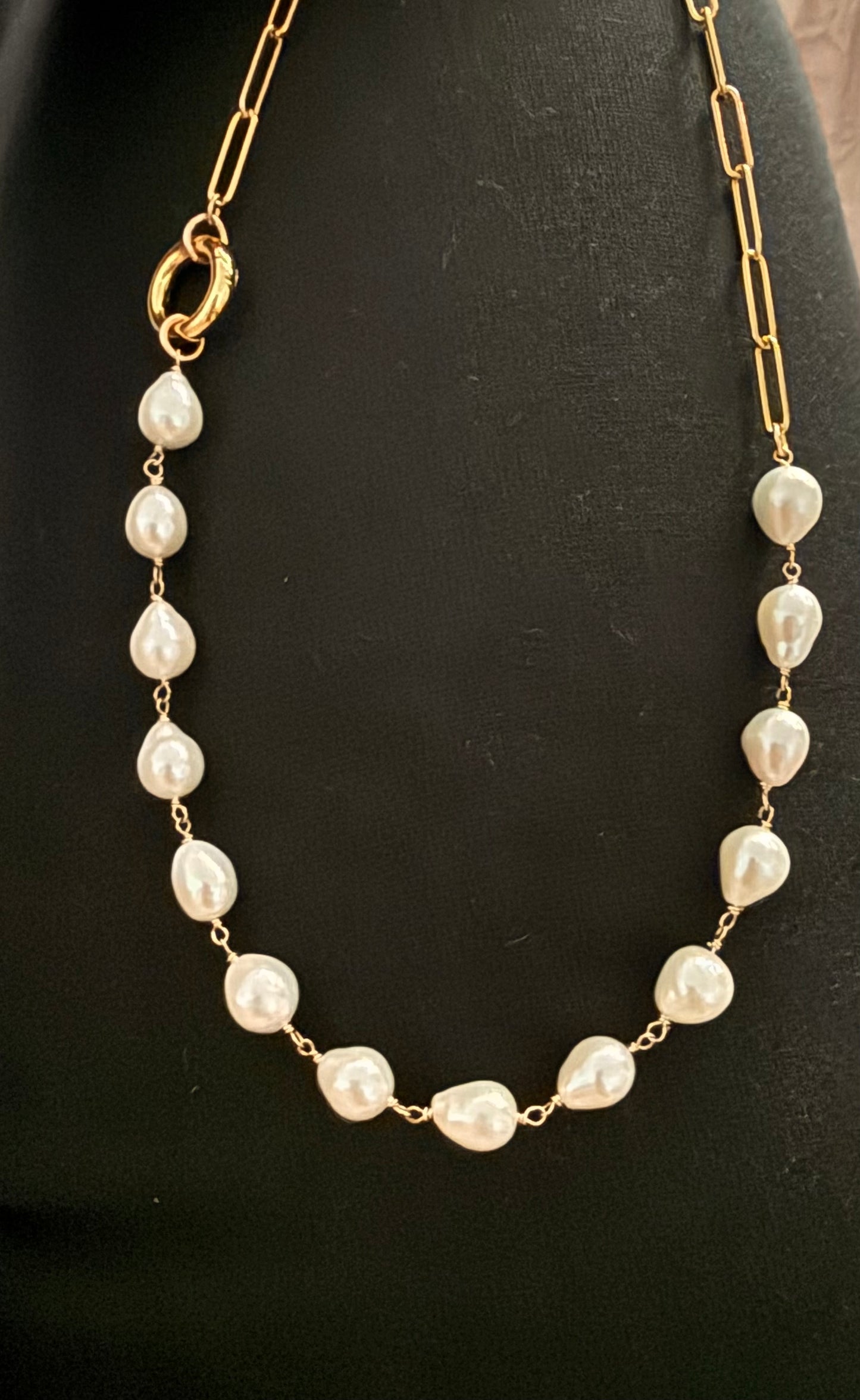 Baroque pearl and paper clip chain charm holder necklace
