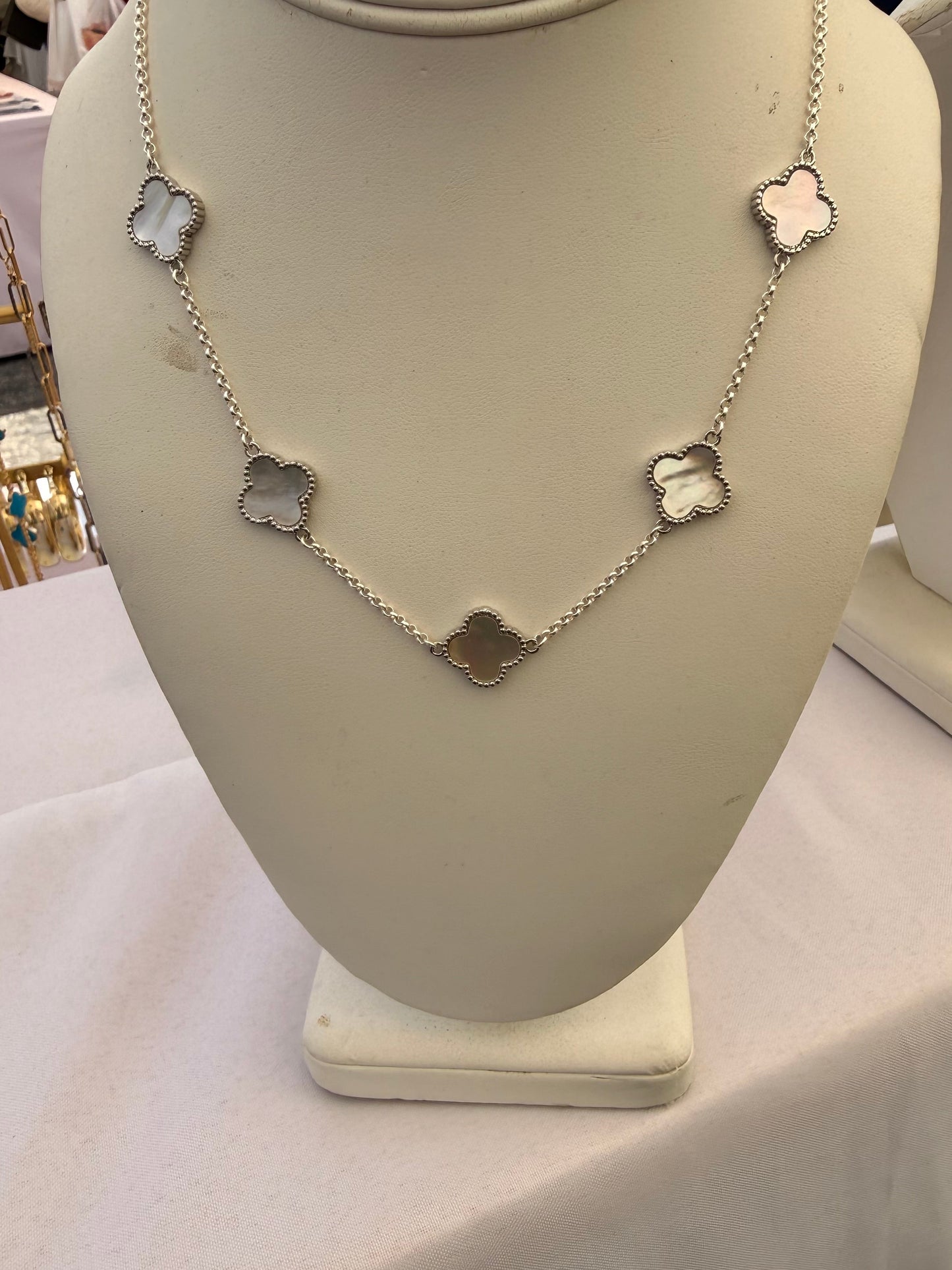 Mother of pearl clover connector necklace