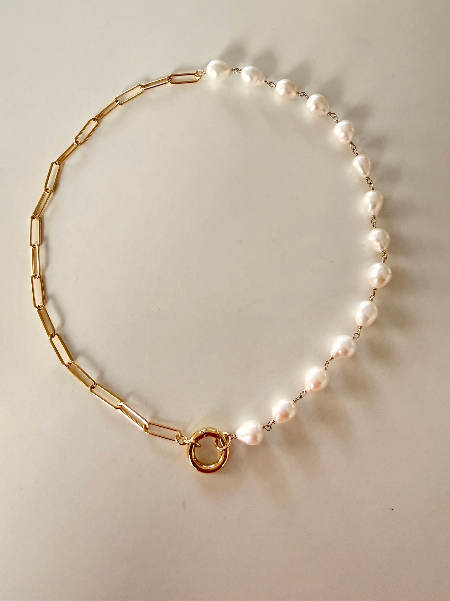 Baroque pearl and paper clip chain charm holder necklace