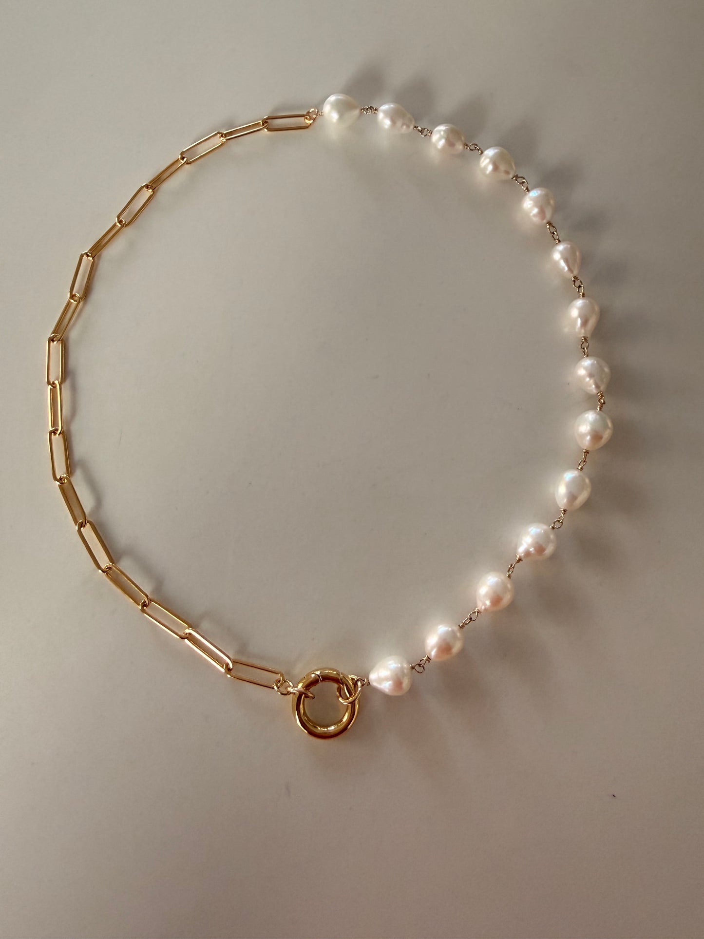 Baroque pearl and paper clip chain charm holder necklace