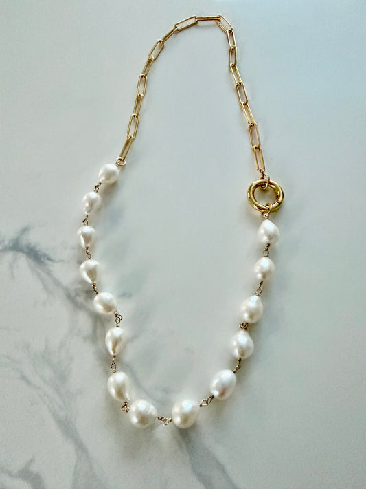 Baroque pearl and paper clip chain charm holder necklace