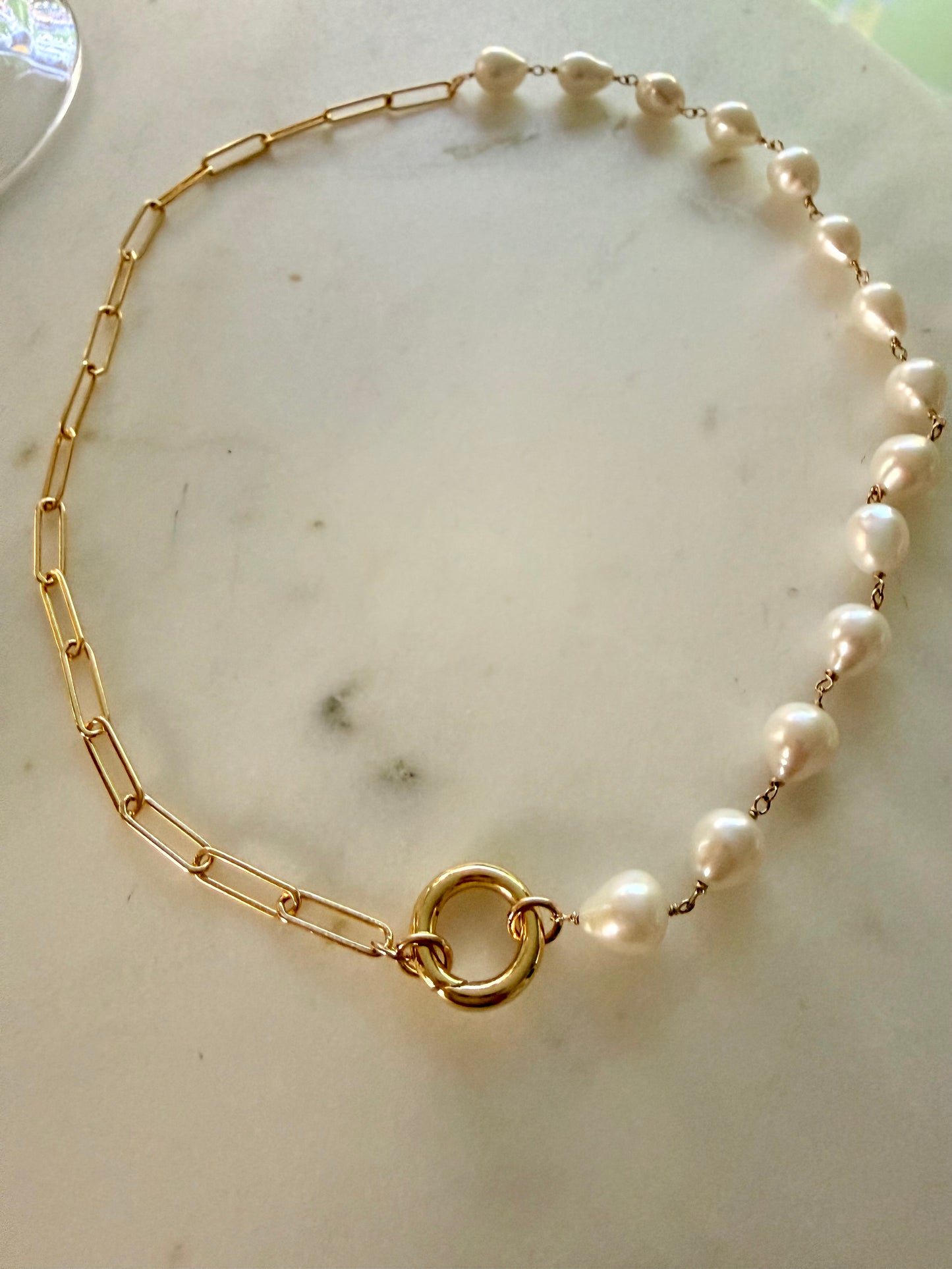 Baroque pearl and paper clip chain charm holder necklace