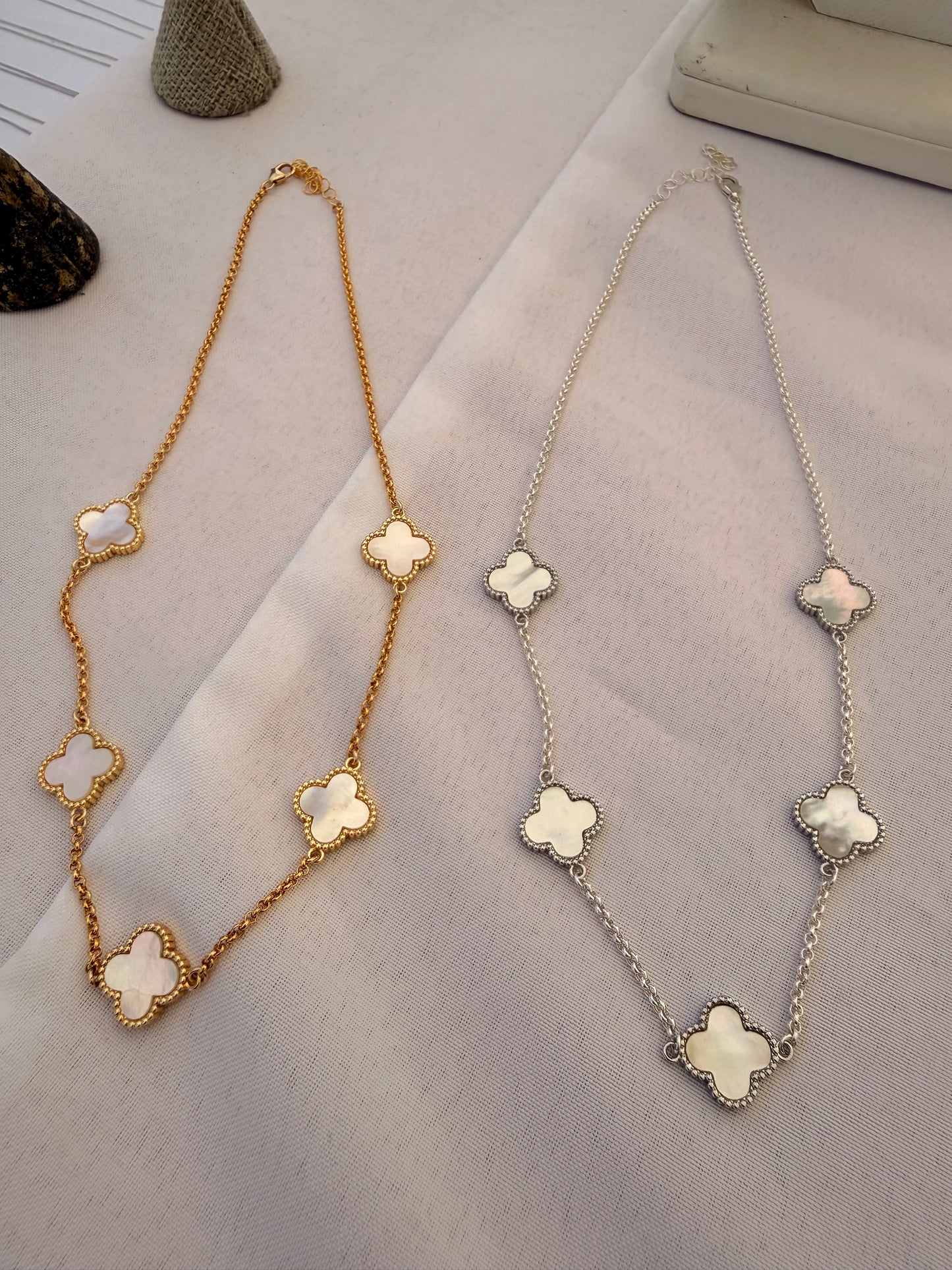 Mother of pearl clover connector necklace