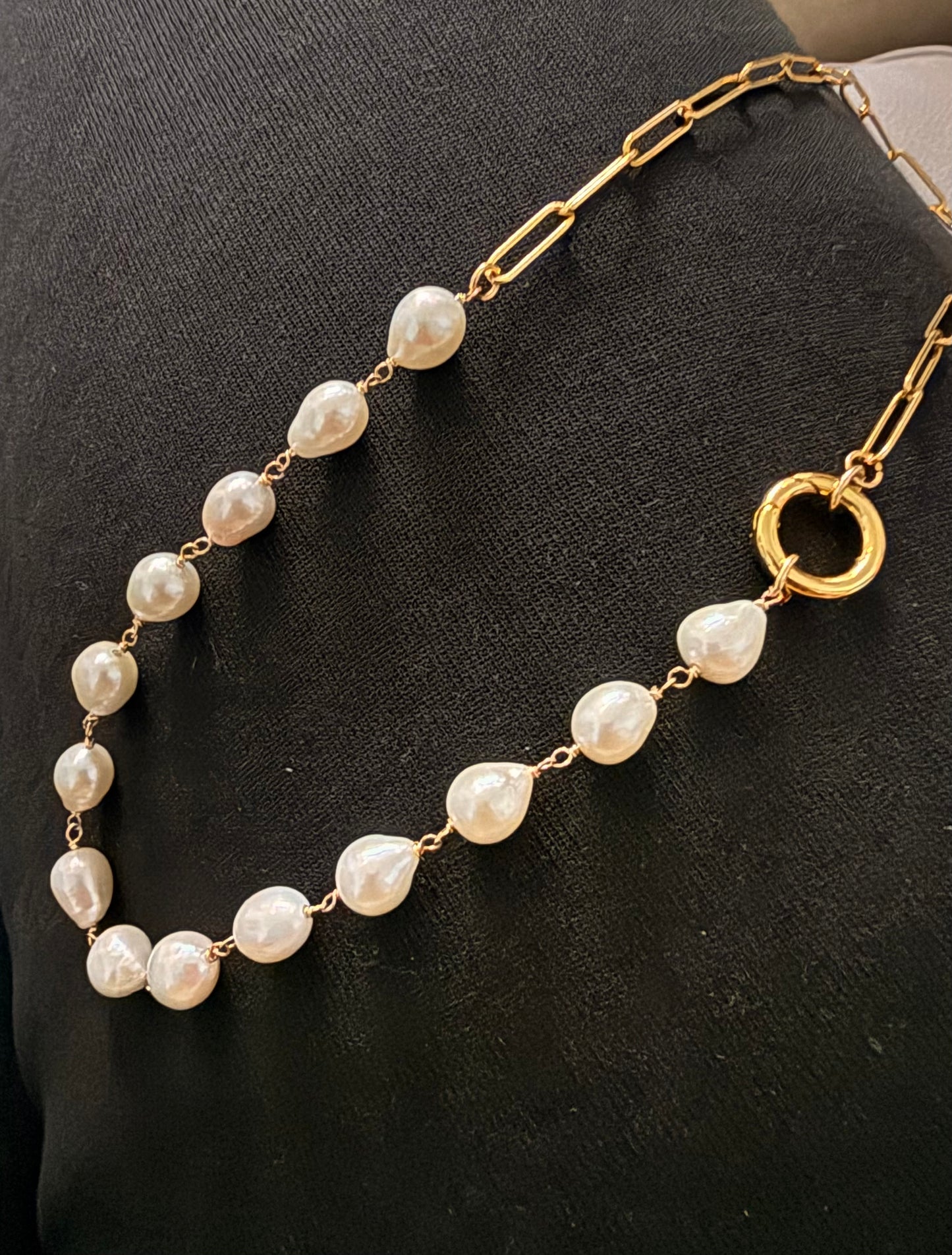 Baroque pearl and paper clip chain charm holder necklace