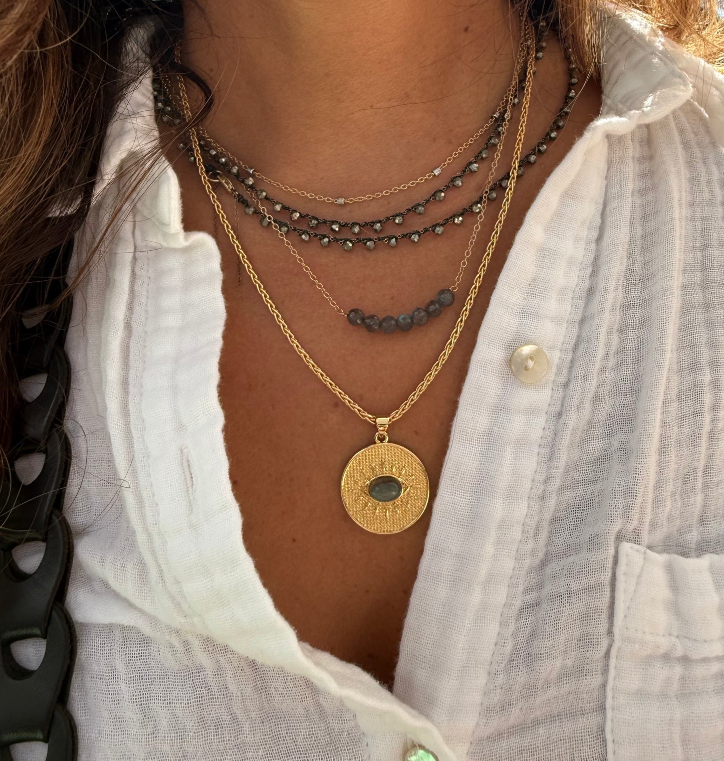 Evil eye medallion necklace: Labradorite