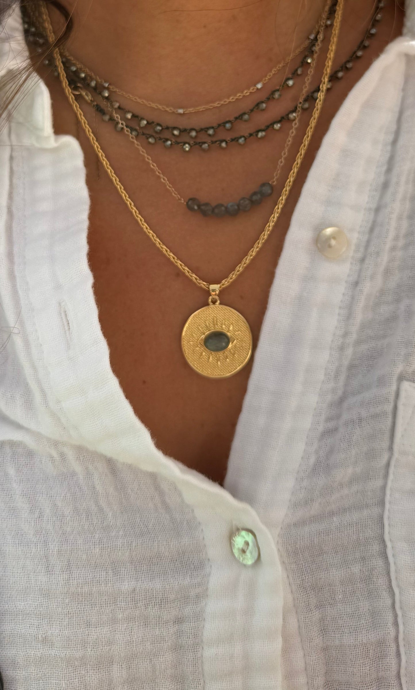 Evil eye medallion necklace: Labradorite