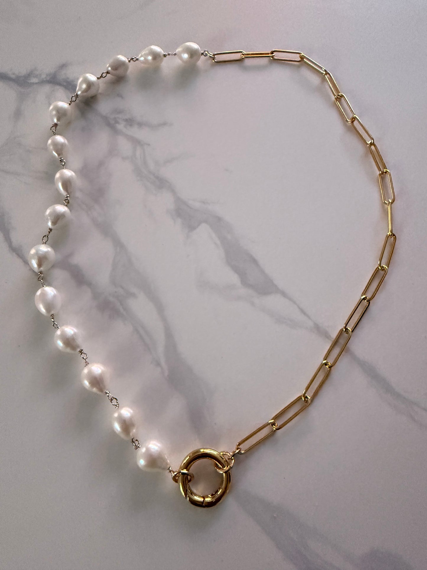 Baroque pearl and paper clip chain charm holder necklace