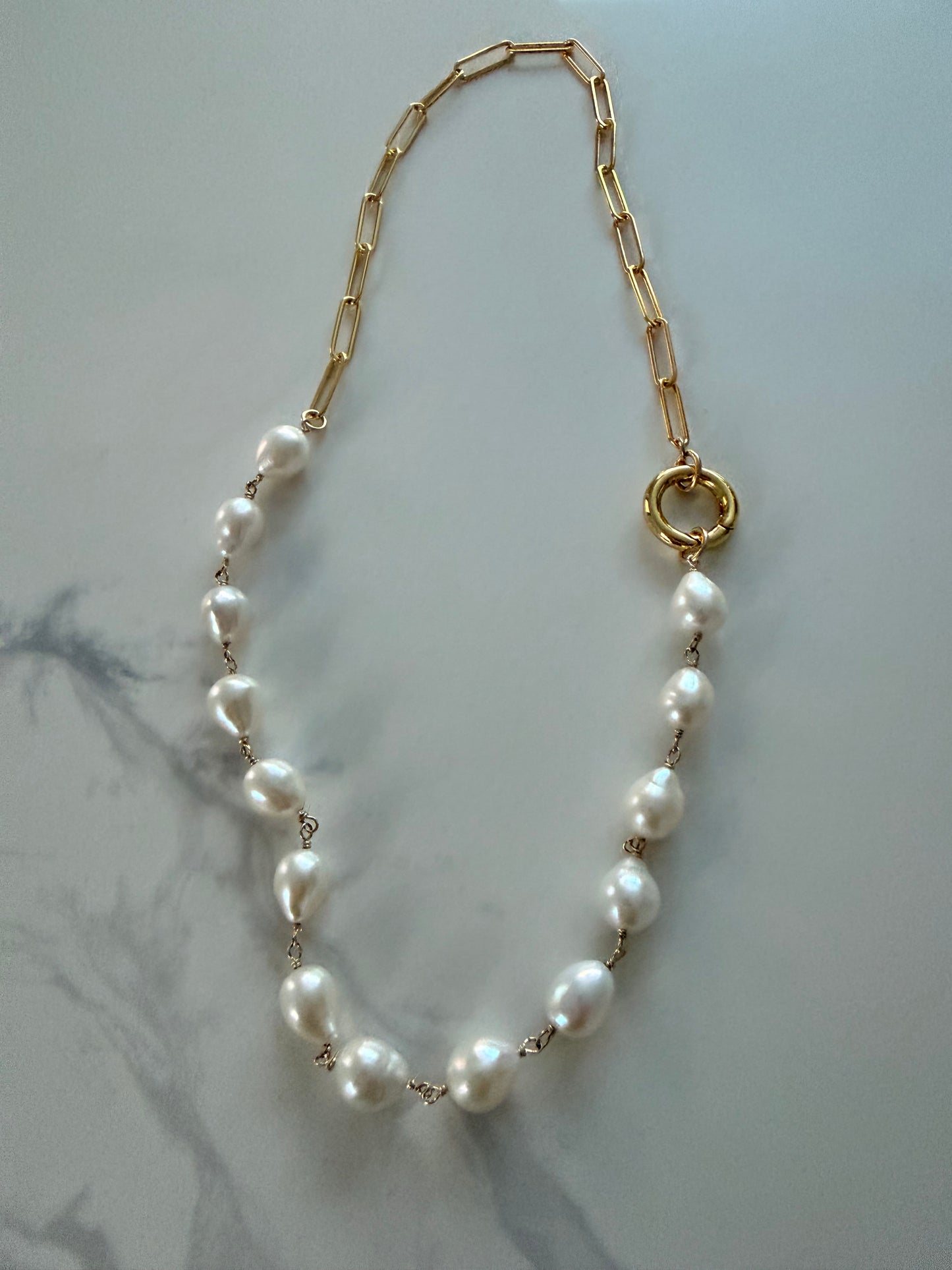 Baroque pearl and paper clip chain charm holder necklace