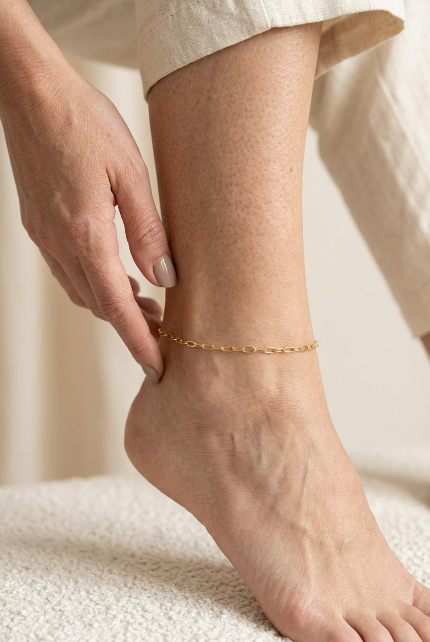 Close-up of gold anklet number 1 with the model’s hand reaching toward her ankle
