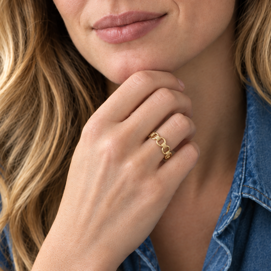Close-up of model wearing a gold ring