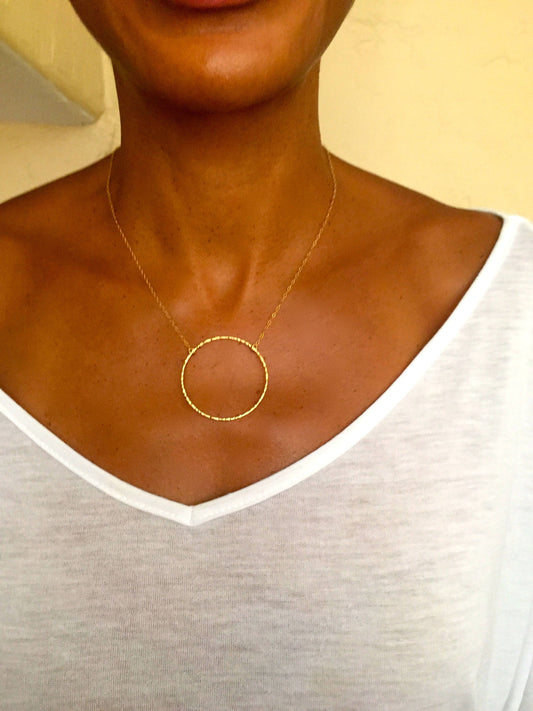 Large hammered circle pendant necklace