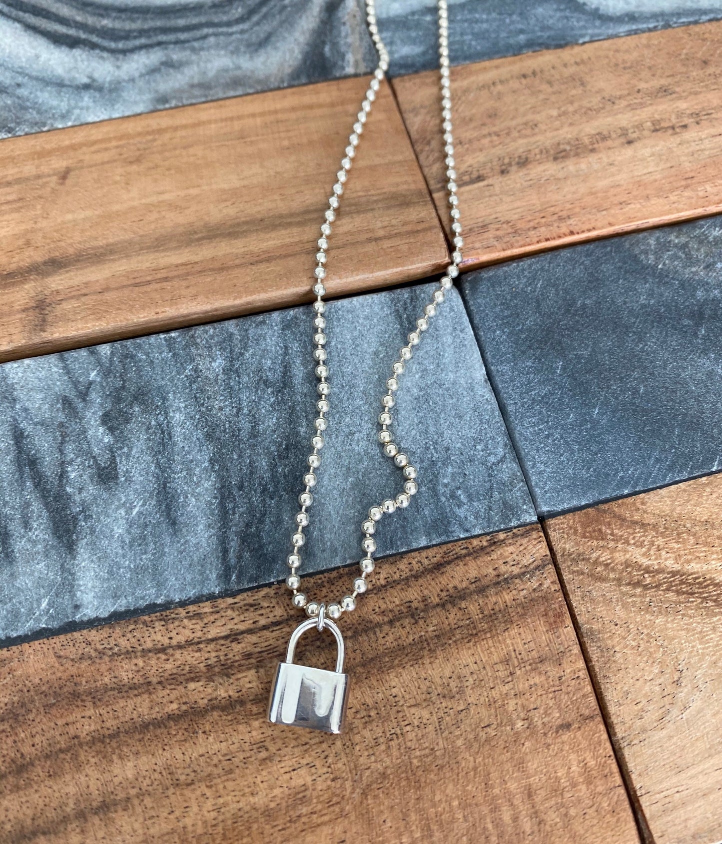 Padlock pendant necklace, Beaded chain, Sterling silver