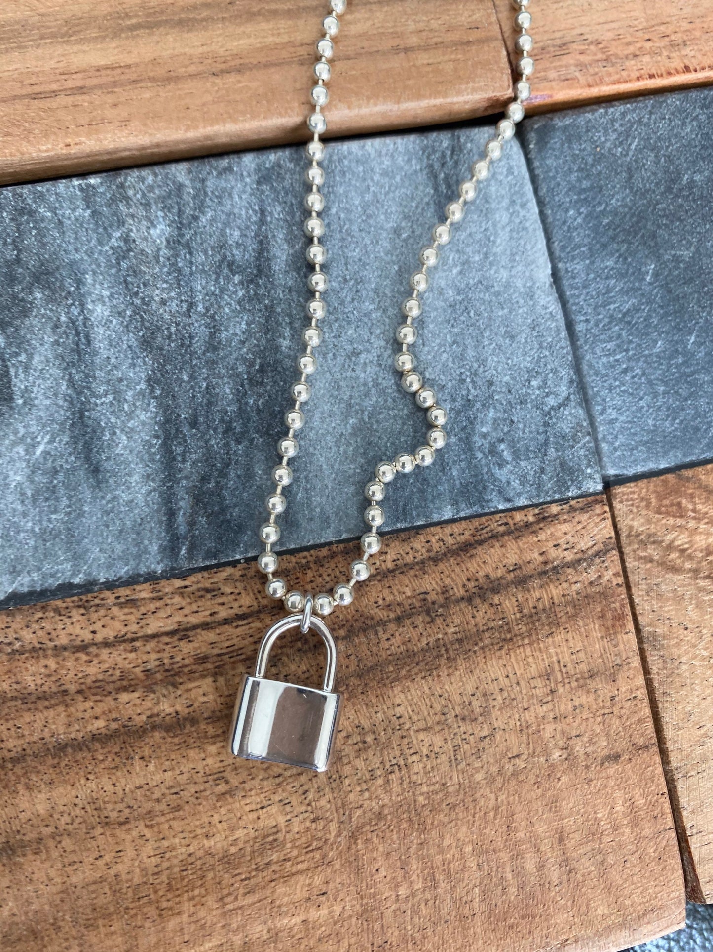 Padlock pendant necklace, Beaded chain, Sterling silver