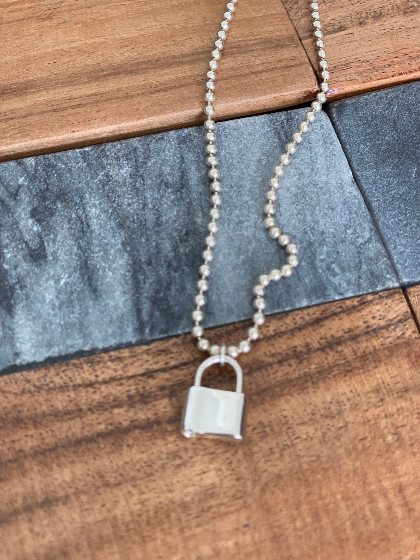 Padlock pendant necklace, Beaded chain, Sterling silver