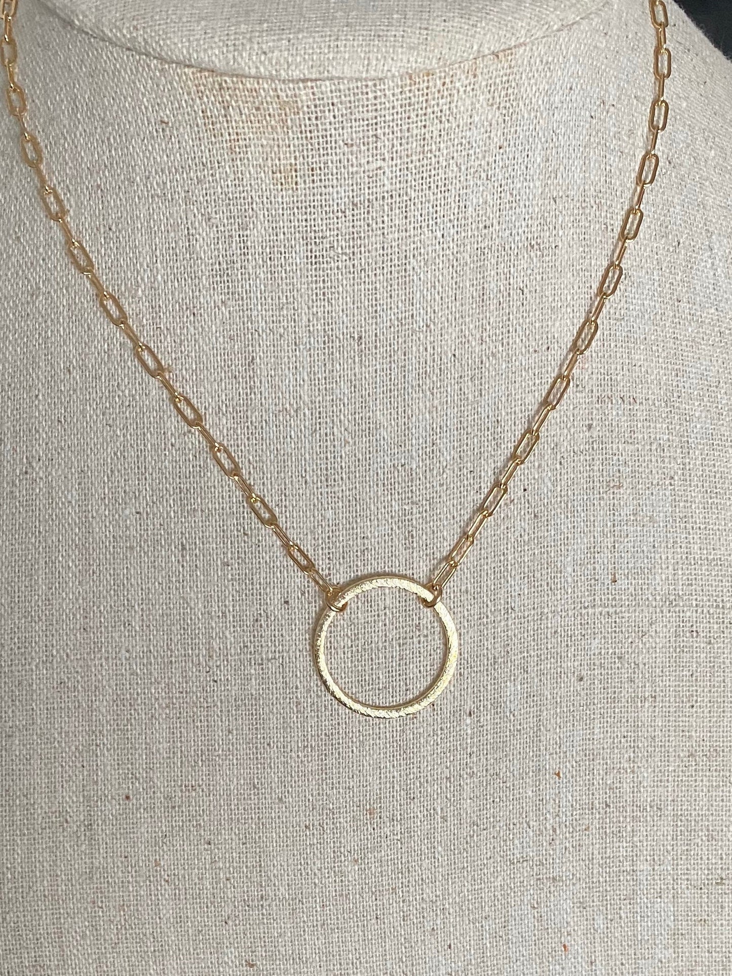 Circle pendant with small paper clip chain necklace