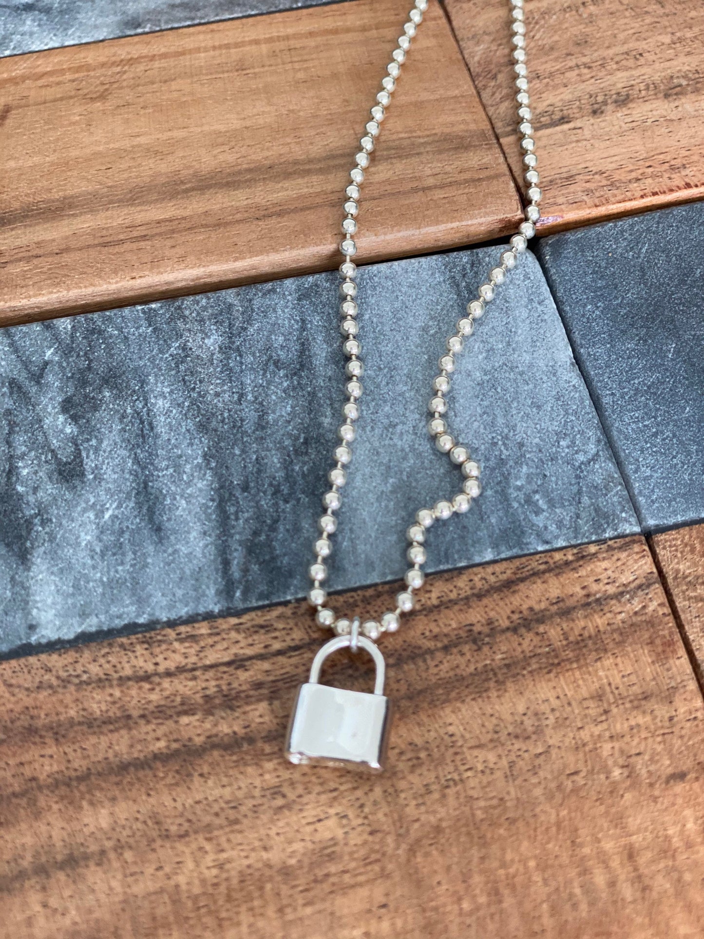 Padlock pendant necklace, Beaded chain, Sterling silver