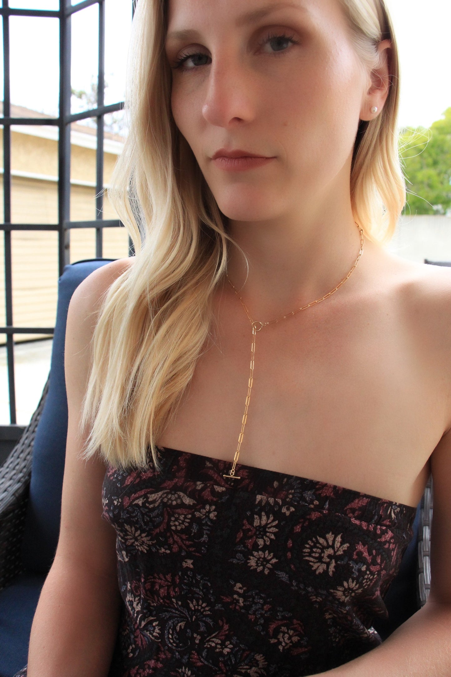 Dainty paper clip chain lariat necklace