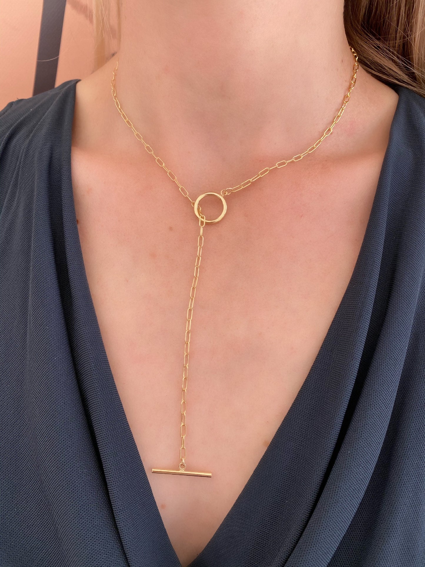 Dainty paper clip chain lariat necklace