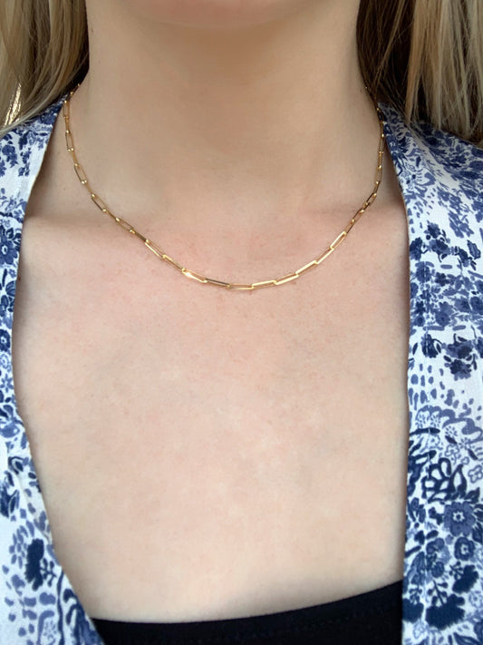 14k gold rounded paper clip chain necklace, Gold rectangle link necklace, Layering necklace, Minimalist