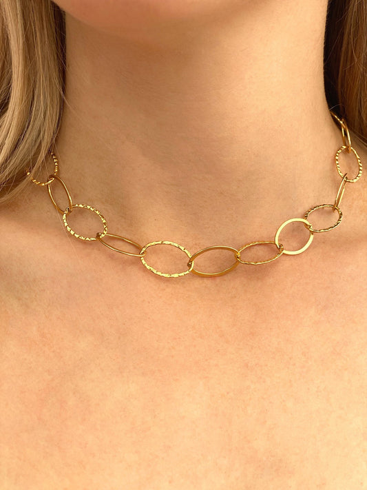 Large hammered oval link necklace