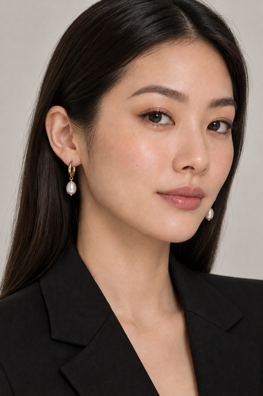 Pearl-drop hoop worn correctly through the ear